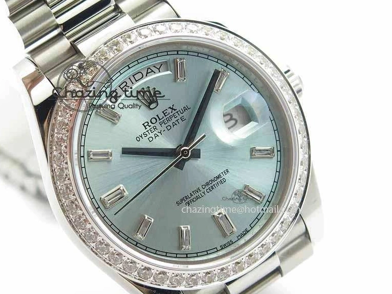 Best AAA Replica Sites 3699 BP Stylish SS Maker Best Ice SS On Bracelet Bezel Diamond ETA Day Blue 40mm Date Edition Dial 1228